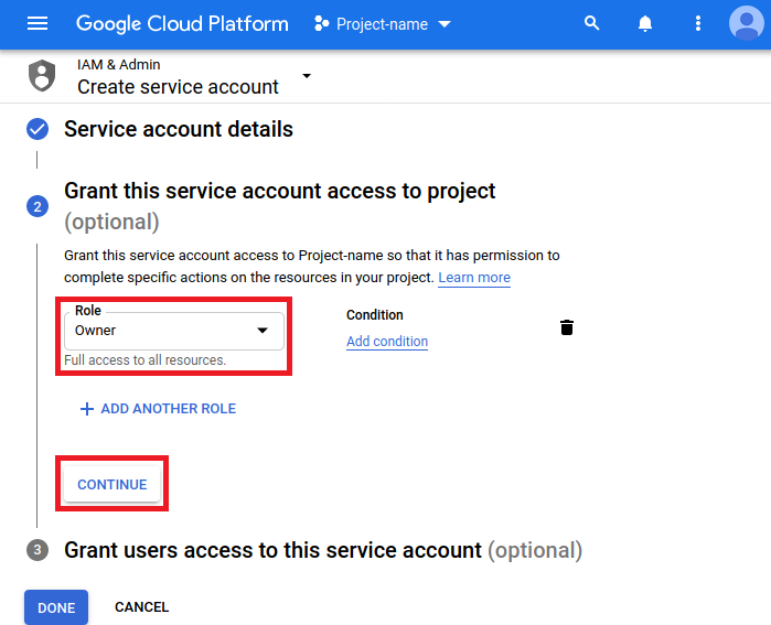 The Create service account page