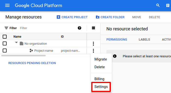 Drop-down menu of the project